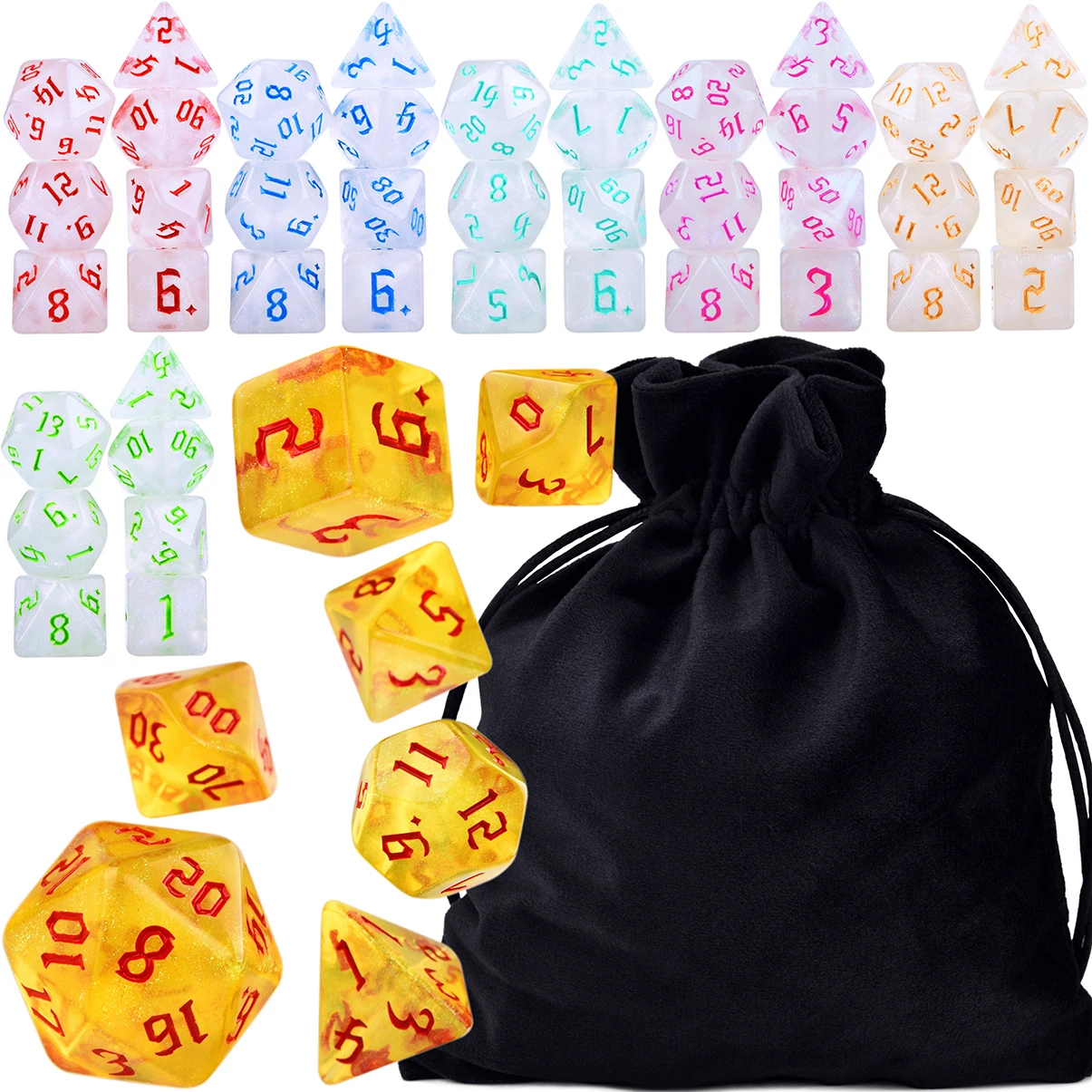 Переливающиеся блестящие 7 наборов многогранных 7-Die игральных костей с сумкой