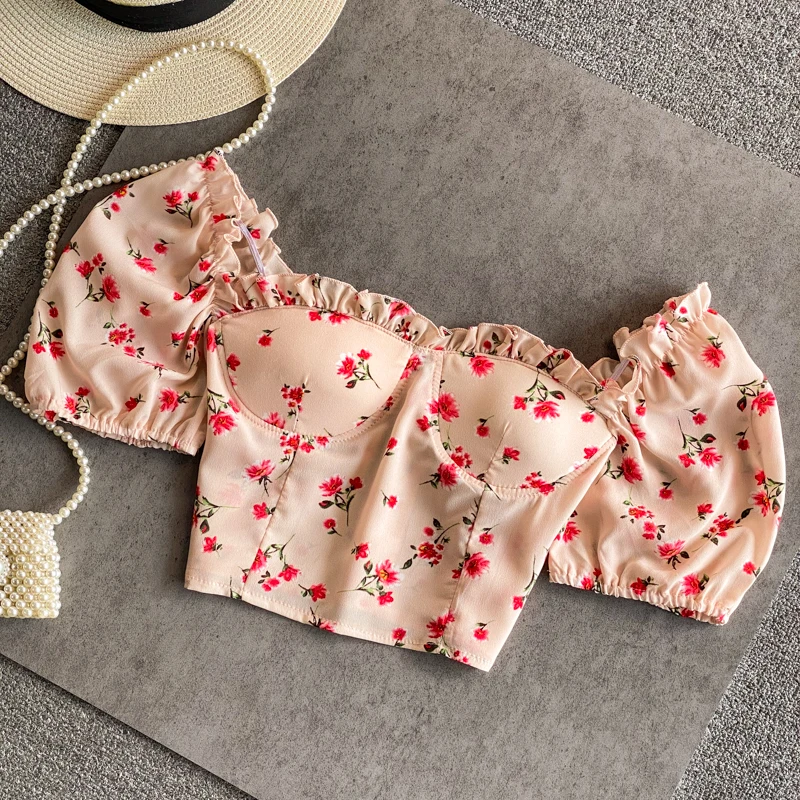 

Hikigawa Summer Chic Fashion Sweet Blouse Floral Print Vintage Square Collar Elegant Shirts All Match Crop Top Blusas Mujer