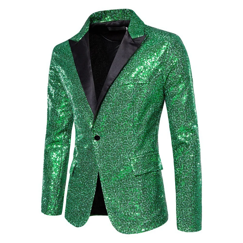 

Men Shiny Greeen Glitter Party Blazer Peak Collar One Button Christmas Mardi Gras Halloween Costume 70's Disco Party Blazers XXL