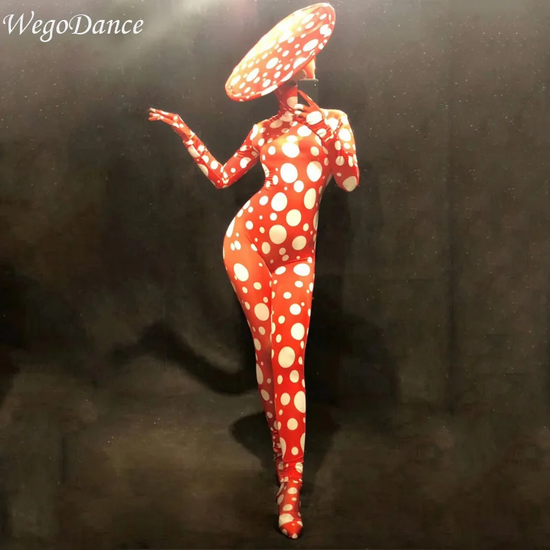 New Women Red Dj Gogo Jumpsuit 3D Printed White Big Dot Bodysuit Lady Sexy Stage Dance Wear Party Celebrate Show Dancer Costumes