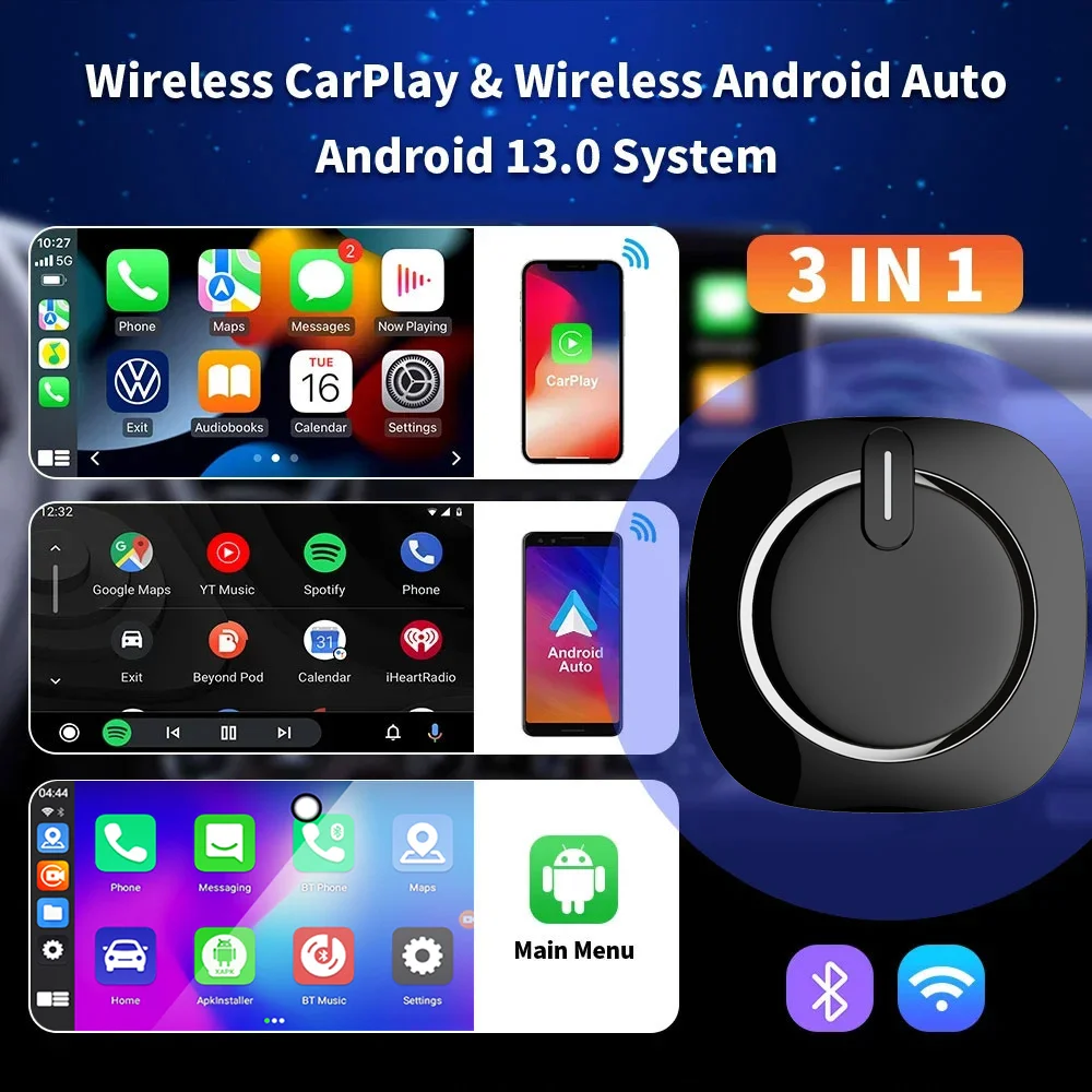 Фото 3-в-1 Android 13 Беспроводной CarPlay Play Ai Box SM6225 Автомобильный USB WIFI адаптер для YouTube, Netflix, универсальная ТВ-приставка GT7S №5