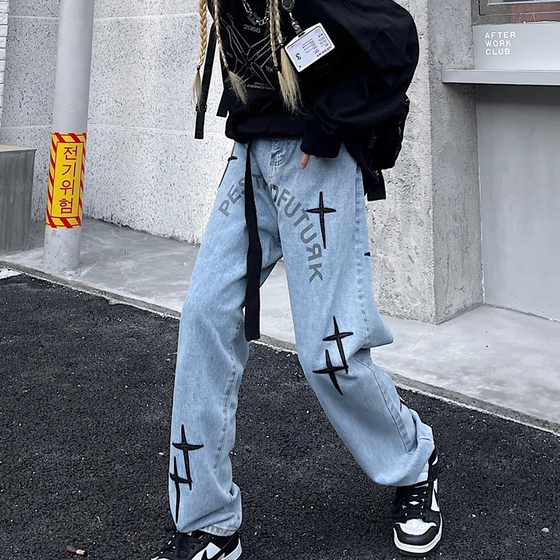 

Baggy Jeans Y2k 2022 Korean Fashion Embroidery Gothic Clothes Street Style Casual Wear Straight Leg Trousers Vintage Blue Color