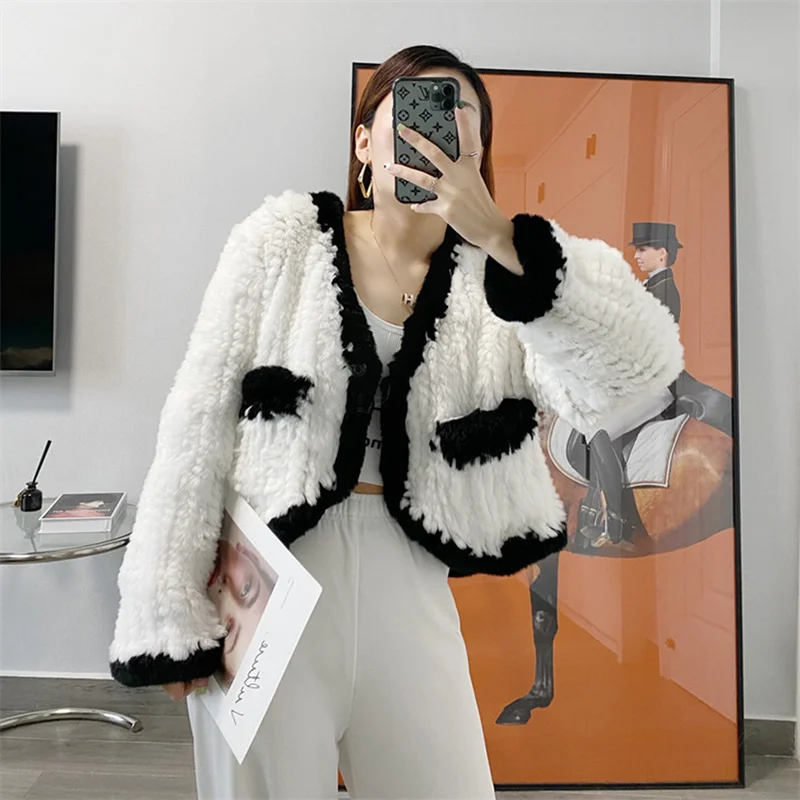 

Women's New Winter Warm Natural Rex Rabbit Hair Knitted V-neck Jacket Fashion Knitted Thickened Soft Rex Rabbit Fur Jacket