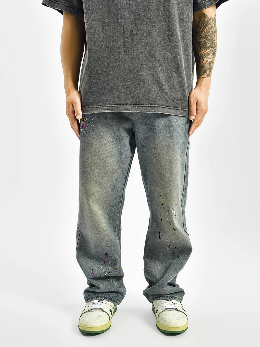 Four Seasons Men Jeans Spray Paint Splash Ink Printing Straight Loose Casual Wide Leg Pants Fashion Streetwear Men Ins Hot Sale