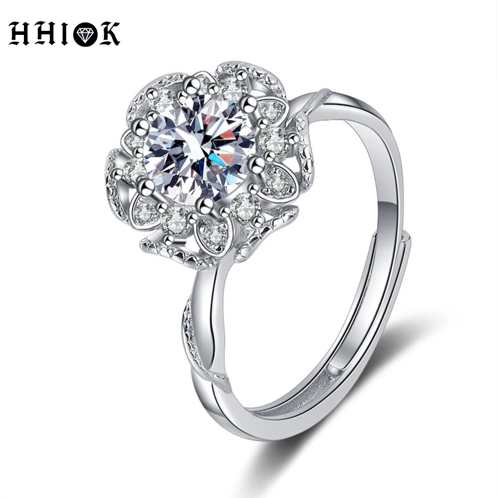 

HHIOK S925 Sterling Silver Mosanstone Flower Wedding Women's Mossan Diamond Engagement Rings Glamour Jewelry Gift