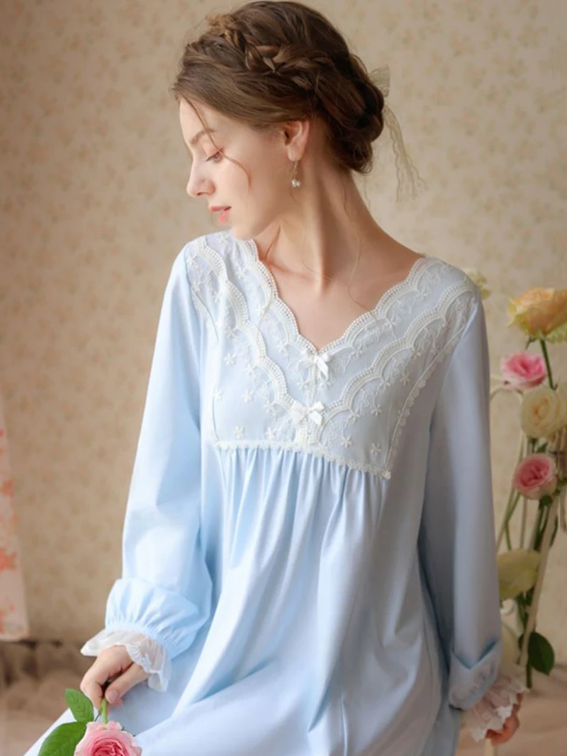 Spring Autumn Women Victorian Pajamas Night Dress Lace Long Sleepwear Cotton Mesh V-neck Lingerie Vintage Princess Nightgowns
