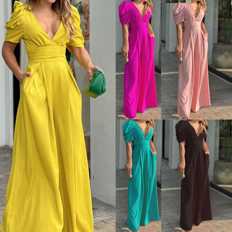 

Women's Summer New Solid Color V-neck Wide Leg Jumpsuit Fashion Elegant Trousers Pants Overall Loose Jumpsuits Short Sleeve