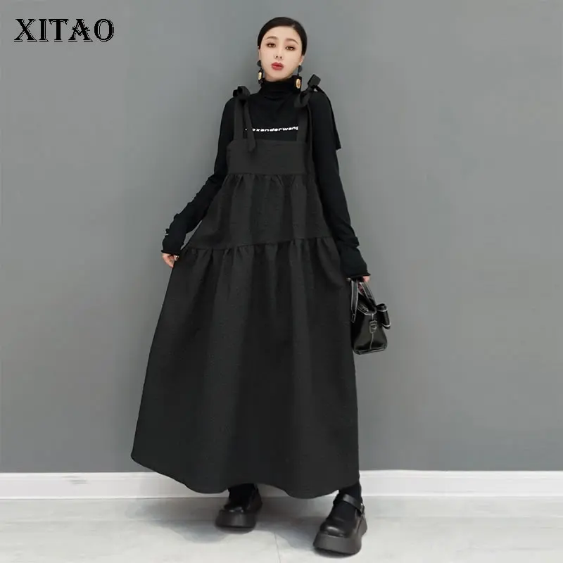 

XITAO Black Patchwork Bandage Loose Pullover Sleeveless Dress 2022 Spring New Casual Fashion Temperament All Match GWJ2909