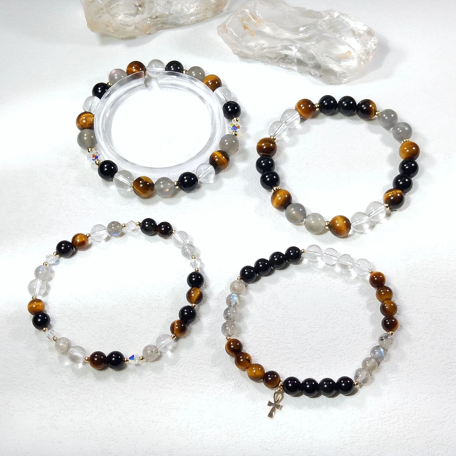 

Lii Ji Natural Stone Rainbow Obsidian Tiger Eye Labradorite Quartz 6/8mm With Crystal American 14K Gold Filled Elastic Bracelet