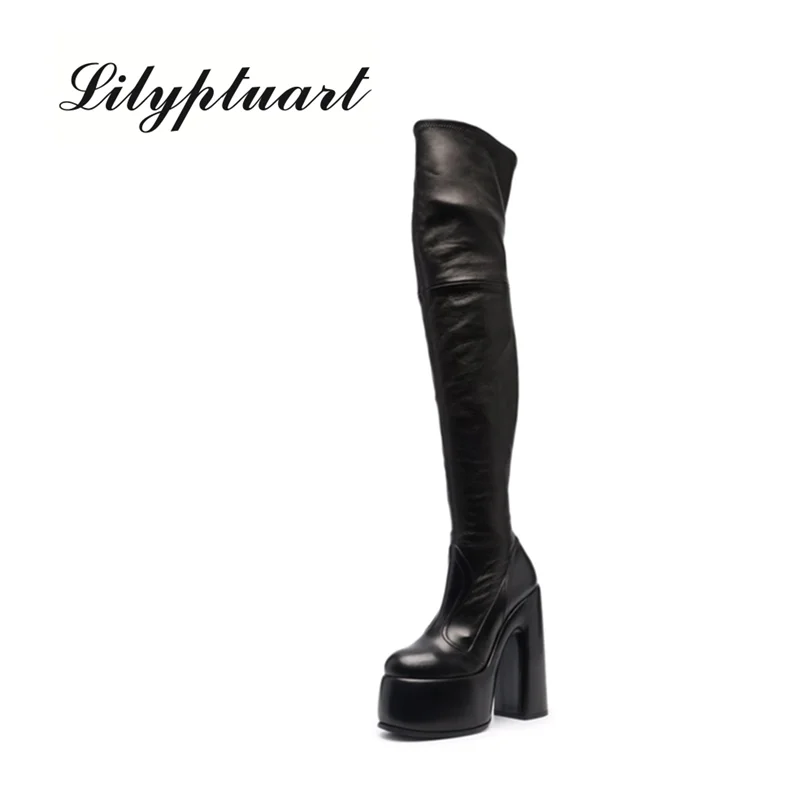 

Black Thigh High Boots Women Platform Retro Soft Stretch Over-the-Knee Boots High Heels Designer Long Shoes Lady Large Size 43
