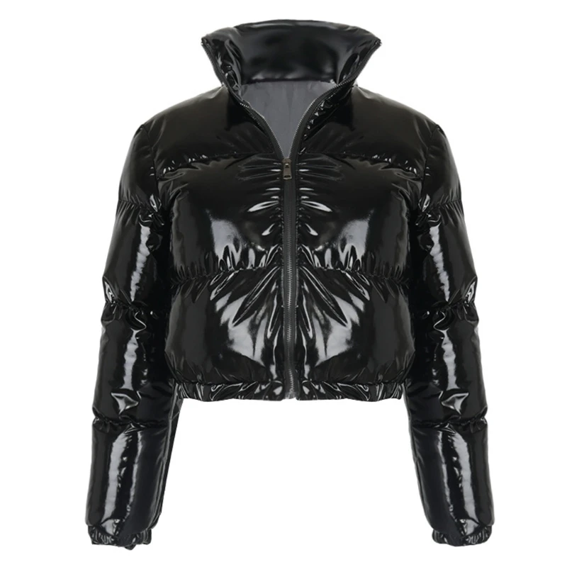 

Women Long Sleeve Zipper Puffer Jacket Stand Collar Shiny Metallic Faux Leather Cropped Bubble Coat Quilted Parkas