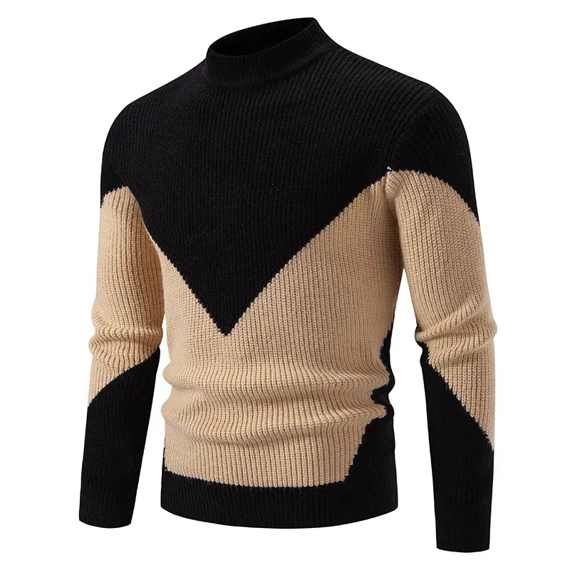 2024 High Quality Men's New Autumn and Winter Casual Warm Color Block Sweater Knit Tops