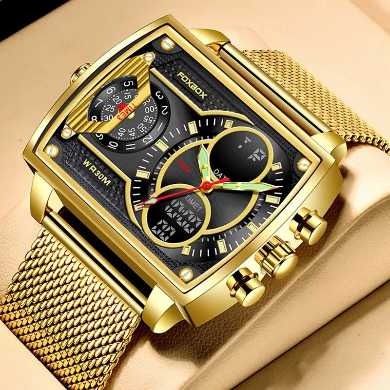   2023 남성용 골드 쿼츠 LED 시계, 스포츠 방수 손목 시계, 남성용 밀리터리 디지털 시계 