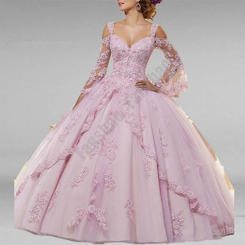 

Stunning Pink Quinceanera Dresses Flare Full Sleeve V Neck Prom Vestidos Appliques Beads Sequin For 15 Girls Ball Party Gowns