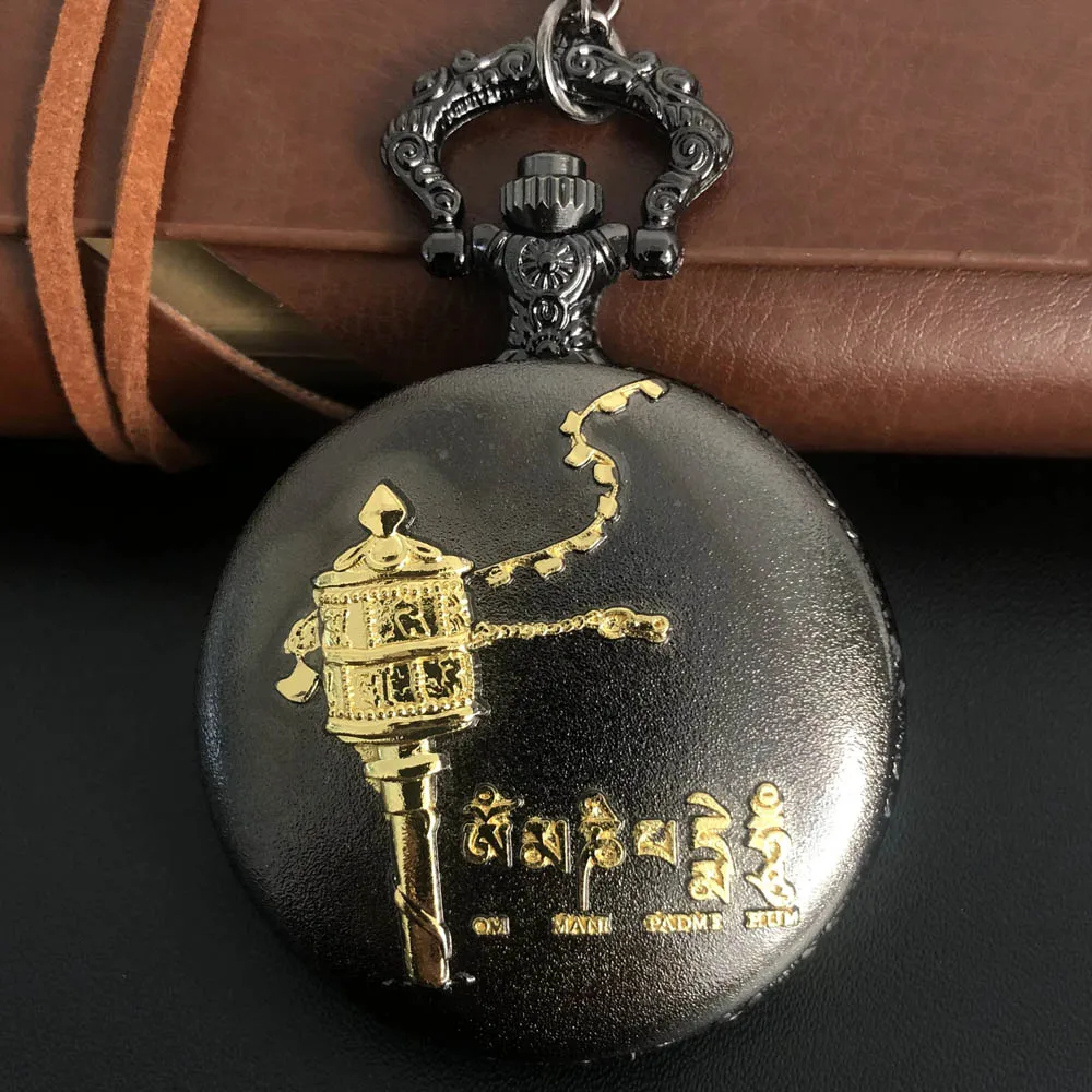 

Black And Gold Tibet Theme Quartz Pocket Watch Necklace Pendant Gifts For Women Or Man with Fob Chain