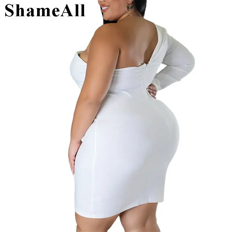 Plus Size One Shoulder Long Sleeve White Party Dress 4XL Sexy Backless Mini Blazer Night Dress Birthday Evening Bodycon Outfits