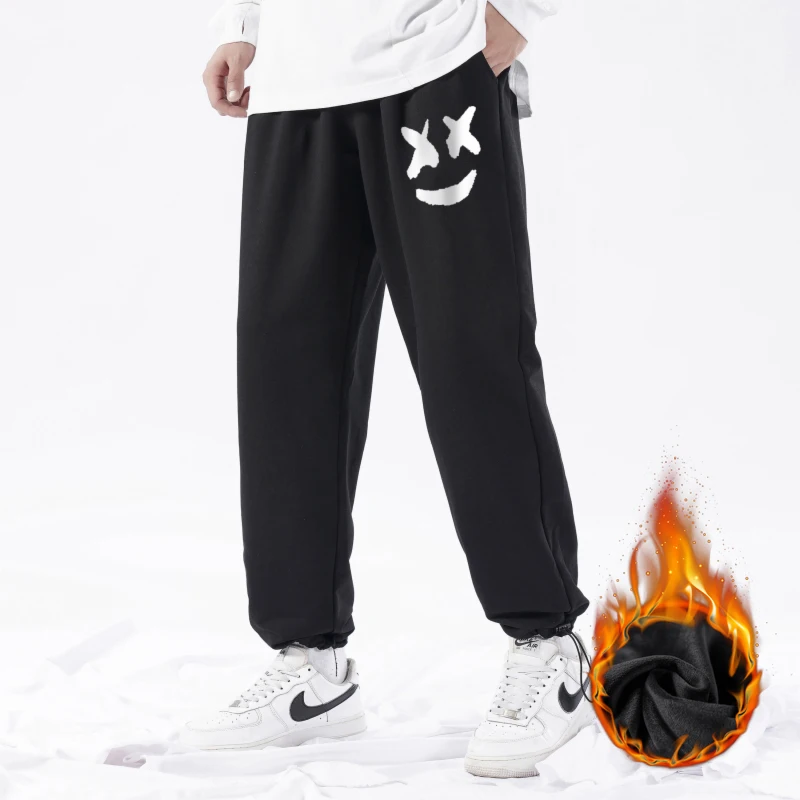 

Брюки мужские зимние из натурального хлопка, Супермягкие повседневные спортивные штаны с принтом, свободные утепленные бархатные, с веревк...