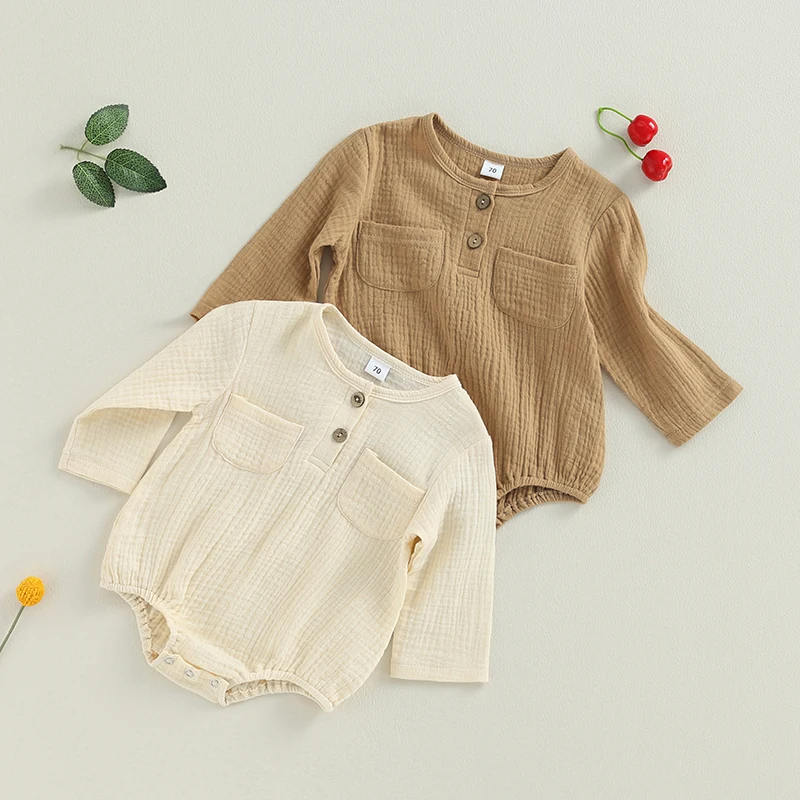 

Baby Girls Cotton Blend Bodysuits Casual Button Romper Long Sleeve Crewneck Playsuit with 2 Pockets Autumn Clothing