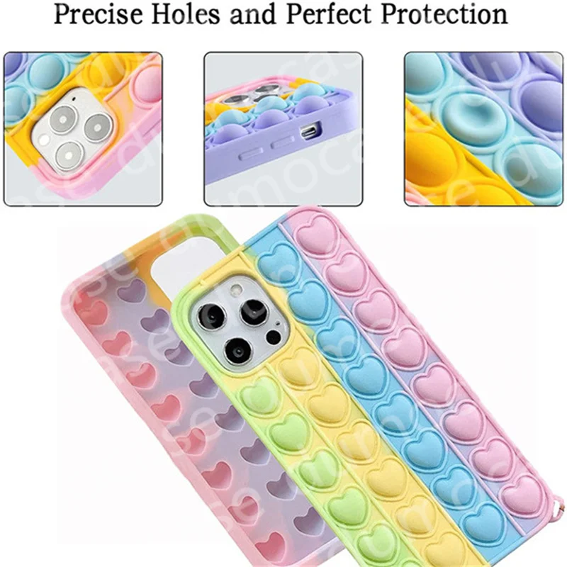 Push Bubble Relieve Stress Case for IPhone 11 12 13 Mini Pro XS Max Xr X 6s 7 8 Plus Silicone Soft Pop Fidget Toys Rainbow Cover