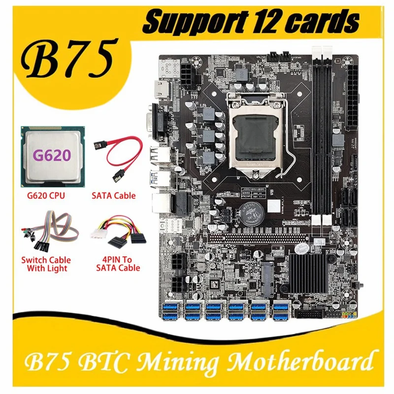 

Материнская плата для майнинга B75 ETH, материнская плата 12 PCIE на USB MSATA DDR3 с процессором G620 + кабель 4 контакта на SATA, материнская плата для майни...