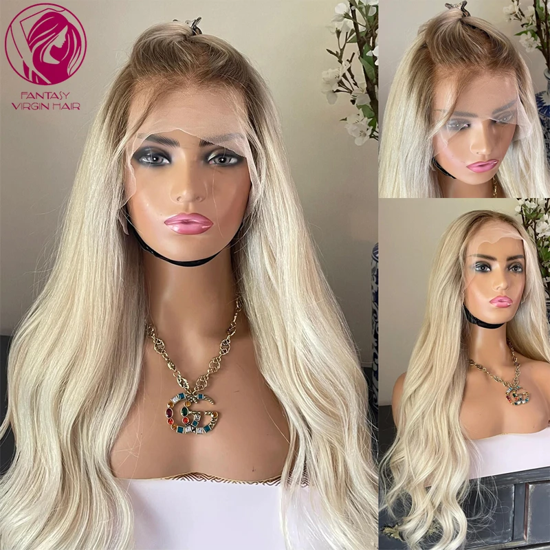 Natural Wavy Human Hair Wig Ombre Platinum Blonde Full Lace Wigs 32 inchs Long Lace Frontal Wig for Women Baby Hairs Glueless