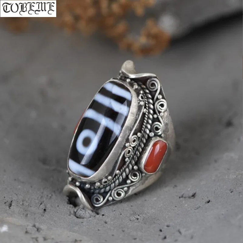 

Handcrated Vintage 100% 925 Silver Tibetan Two-eye Agate DZI Ring Resizable
