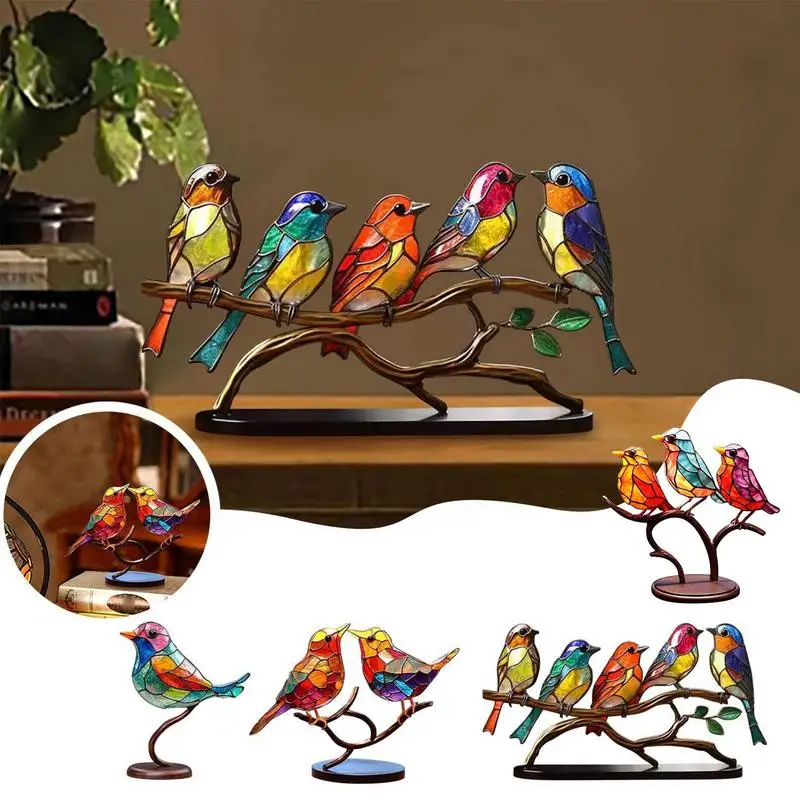 

Stained Glass Birds On Branch Desktop Ornaments Double Sided Multicolor Birds Alloy Ornaments Bird Series Acrylic Decoration Hot