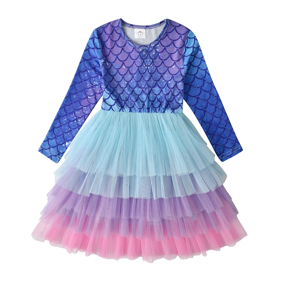 DXTON Autumn Long Sleevel Kids Dresses Mermaid Print Princess Tutu Dress Layer Mesh Tulle Vacation Outside Girls Clothing 3-8Ys
