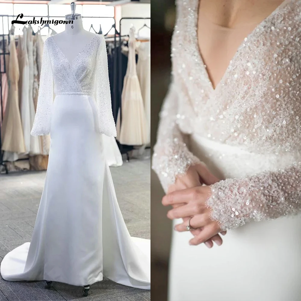 

Sexy Split Deep V Neck Full Cap Sleeve Lace Sequined Top Satin Mermaid Wedding Dress For Women Open Back Bridal Gowns Sweep Robe