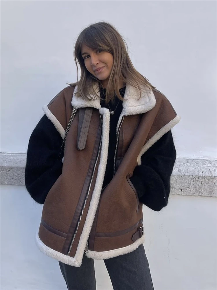 KEYANKETIAN Women's Heavy suede lamb coat Winter new dark brown zipper short faux leather waistcoat thermal vest