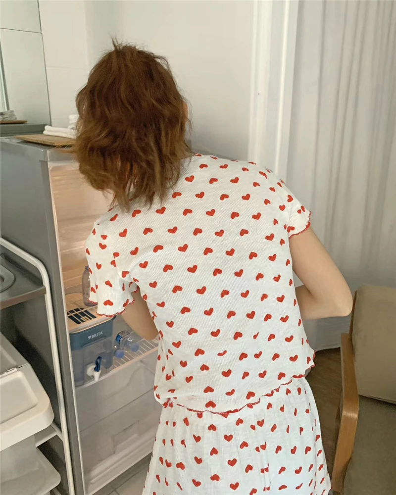 Heart Print Summer Pajamas Set Women Ruffles Shirts + Shorts Set Two Piece Sleepwear Knitting Cotton Home Suit Homewear