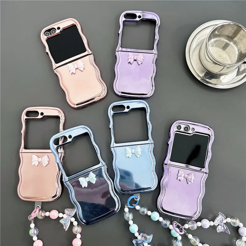 

Fashion Plating Cute Bow Wavy Phone Case For Samsung Galaxy Z Flip 5 4 3 Z Flip4 Flip5 Flip3 5G Cover with Chain Silicone Cases