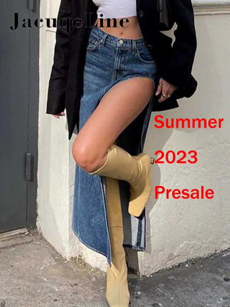 

Jacuqeline Low Waist Sexy High Split Denim Skirts Women Midi Slim Micro Long Skirt y2k Retro Blue 2023 Summer Presale Streetwear