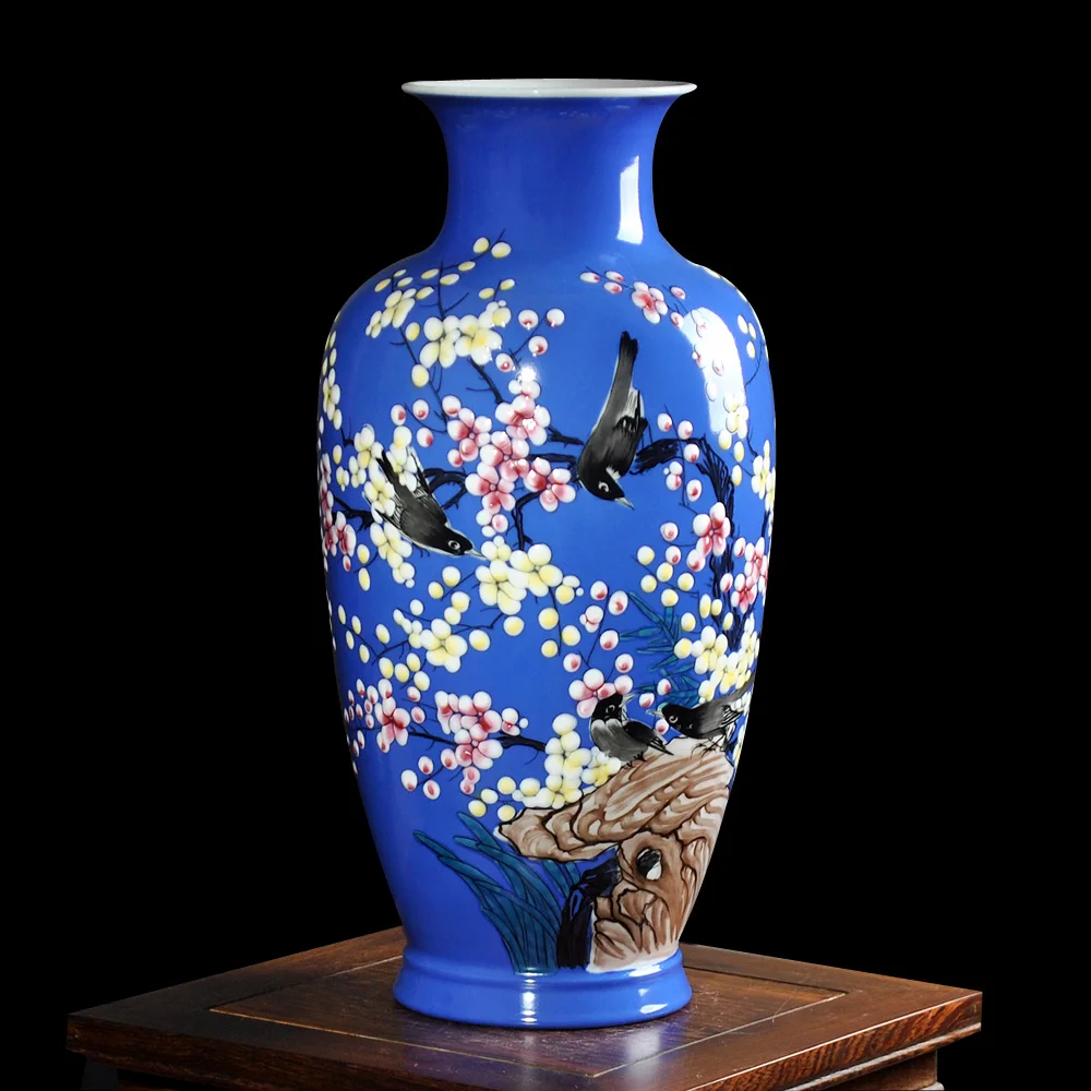

Modern Jingdezhen Ceramics Enamel Porcelain Vase Hand-painted Magpie On Plum Tree Design Vase Flower Vase For Sitting Room