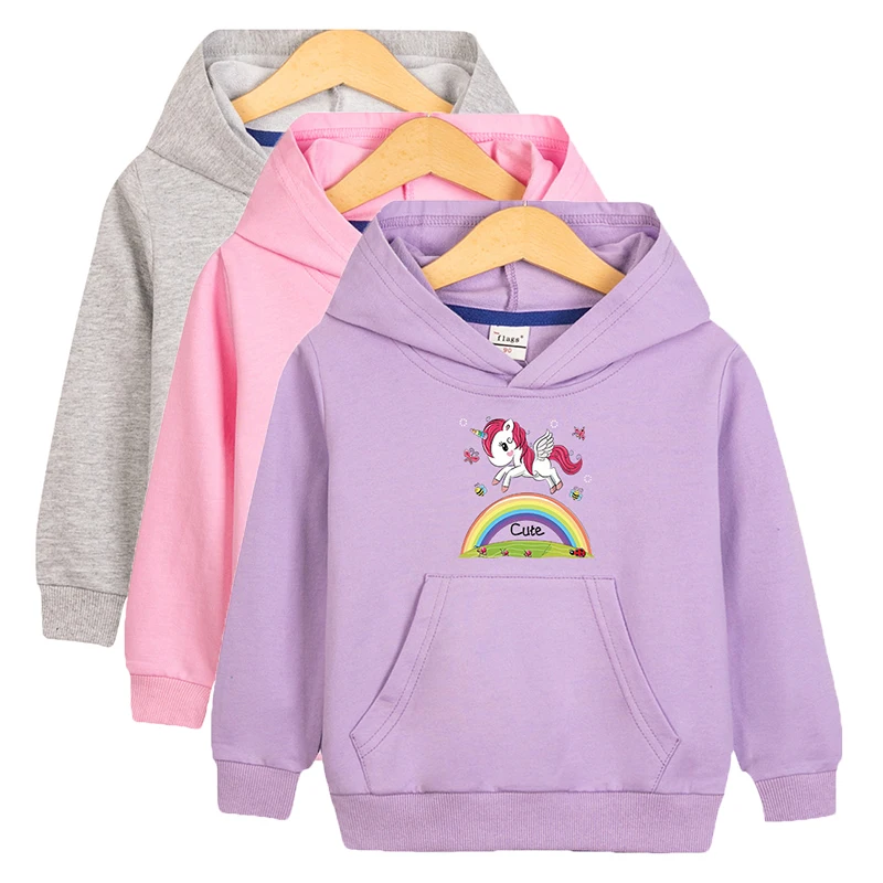 Cute Unicorn Hoodies for Girls Spring Autumn Long Sleeve Sports Pullouver 2-10Y Kids Rainbow Print Sweatshirt Children Clothes