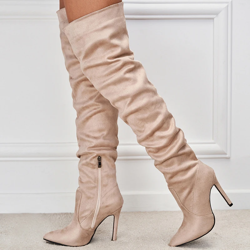

Liyke Autumn Winter Thigh High Over-The-Knee Boots Women Fashion Pleated Pointed Toe Zip Sexy Nightclub Stripper Heels Shoes