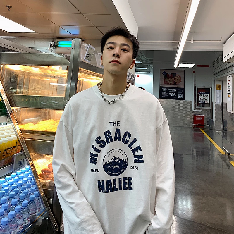 

Harajuku Solid Print Spring Men T-Shirts 2021 Casual Long Sleeve Male Tees Korean Oversize Unisex Men's T-Shirts Streetwear