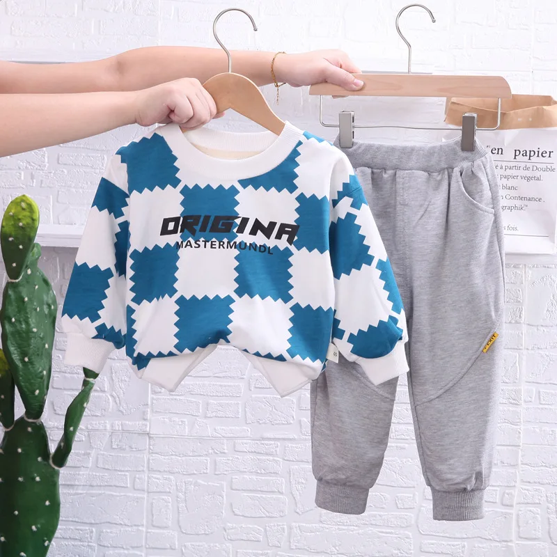 

boy plaid fashion suit boy round neck sweater + trousers boy 2 piece setBaby boy clothes spring and autumn long-sleeved cotton