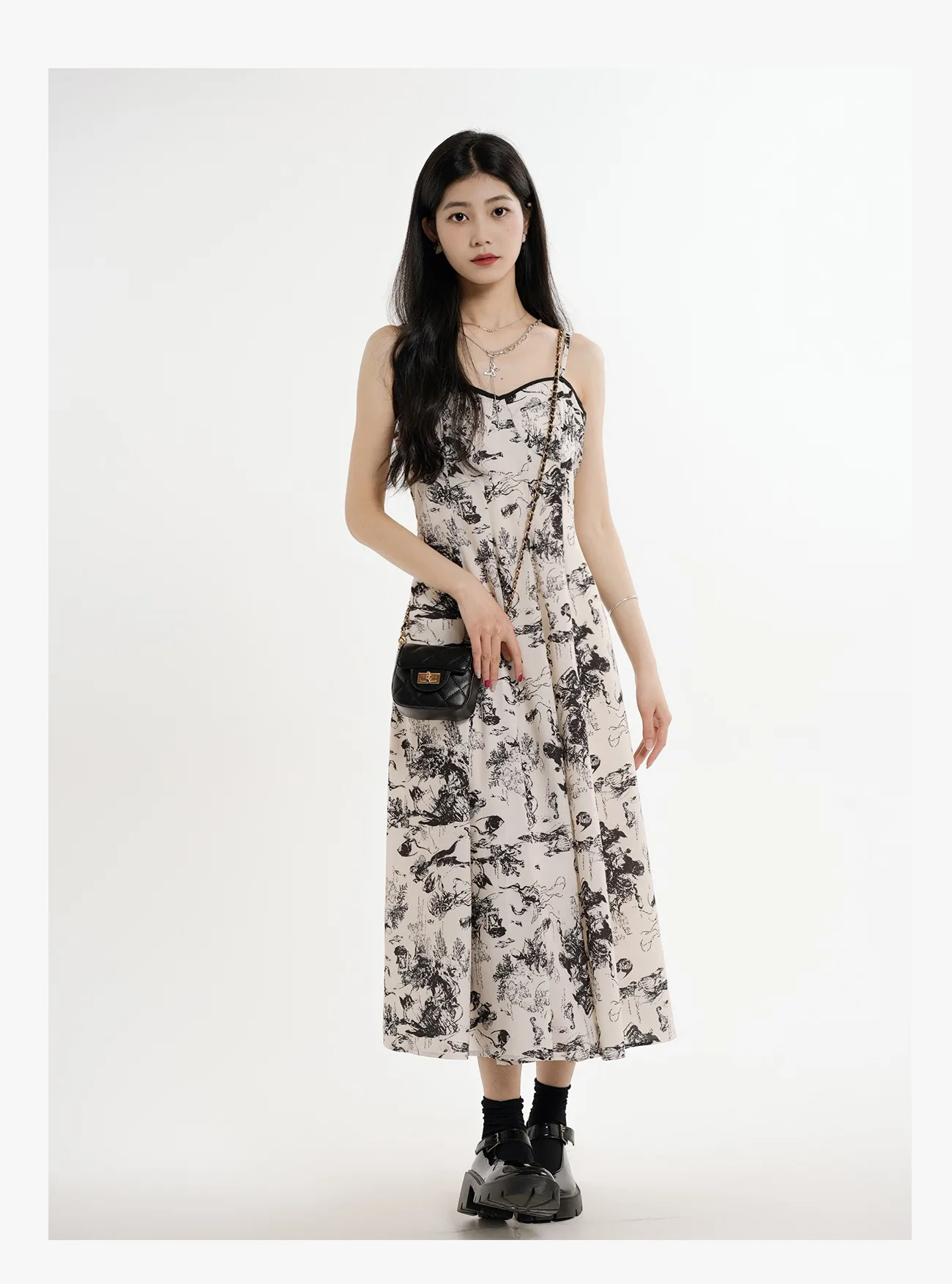 

Summer Floral Splash-Ink Print Dress for Women Sexy French Style Party Midi Dresses Casual Korean Fashion Elegant Sling Dress