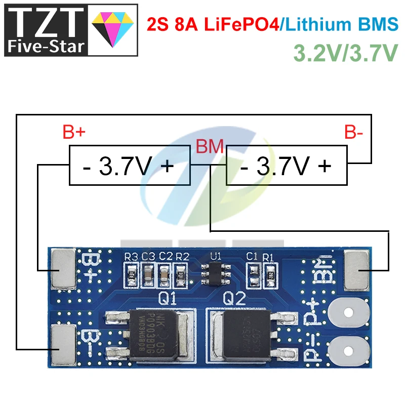 Фото TZT BMS 2S 3,2 В 3,7 В 8A LiFePO4/плата защиты от заряда литиевой батареи 15 А пиковый ток 6,4 В 7,2 В 18650 32650 аккумуляторные блоки №5
