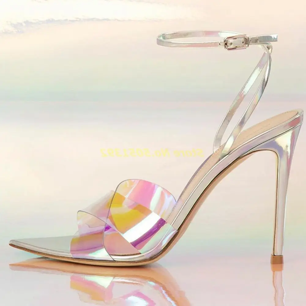 Colorful PVC Sandals Cross One Word Belt Pointy Toe Stiletto High Heel Rainbow Colors Shoes Ankle Buckle Strap Fashion Sandals