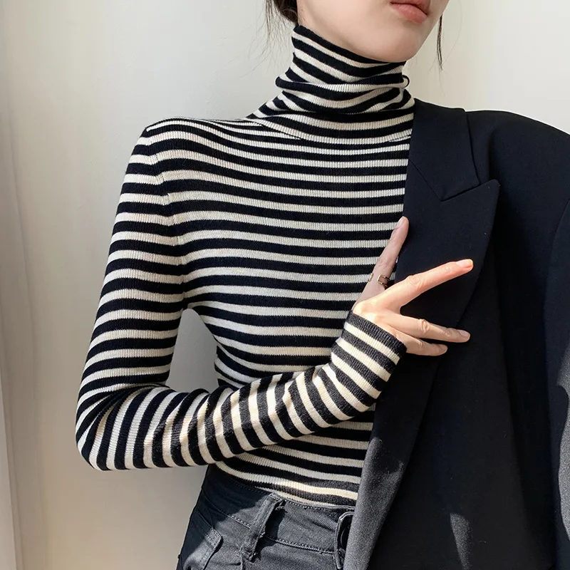 Turtleneck Black And White Striped Patchwork Knitting Sweater Bottoming Shirt Women 'S Fall And Winter Inner Wear Warm Western