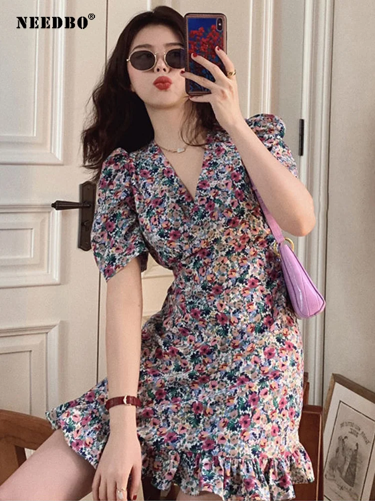 

NEEDBO Женская обувь в винтажном стиле; Сезон лето вечерние тонкое платье с v-образным вырезом, платье с цветочным рисунком Ретро цветами на тал...