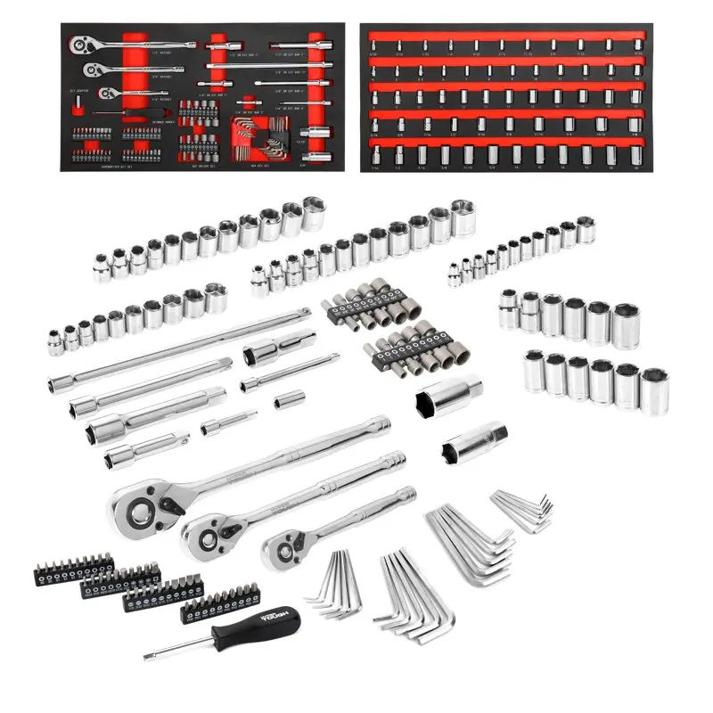 

153-Piece Mechanic Tool Set, 1/4-inch, 3/8-inch, 1/2-inch Drive Ratchets and Sockets, Storage Trays car accessories car products
