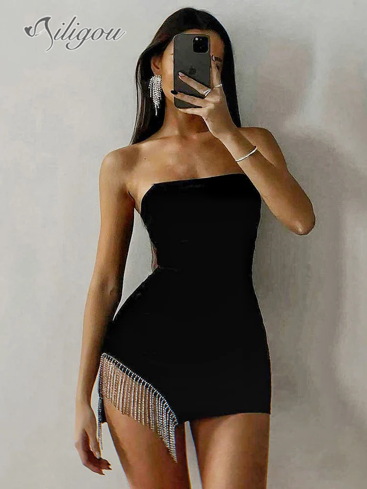 

Ailigou 2022 New Summer Ladies Sexy Black Off Shoulder Fringe Skinny Mini Dress Rayon Bandage Celebrity Party Dress Vestido