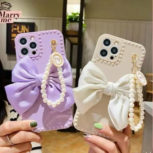 

For iPhone 12 11 13 Pro Max Mini X XR XS Max 6 S 7 8 Plus + Soft Phone Case Cover Pearl Bracelet Bow