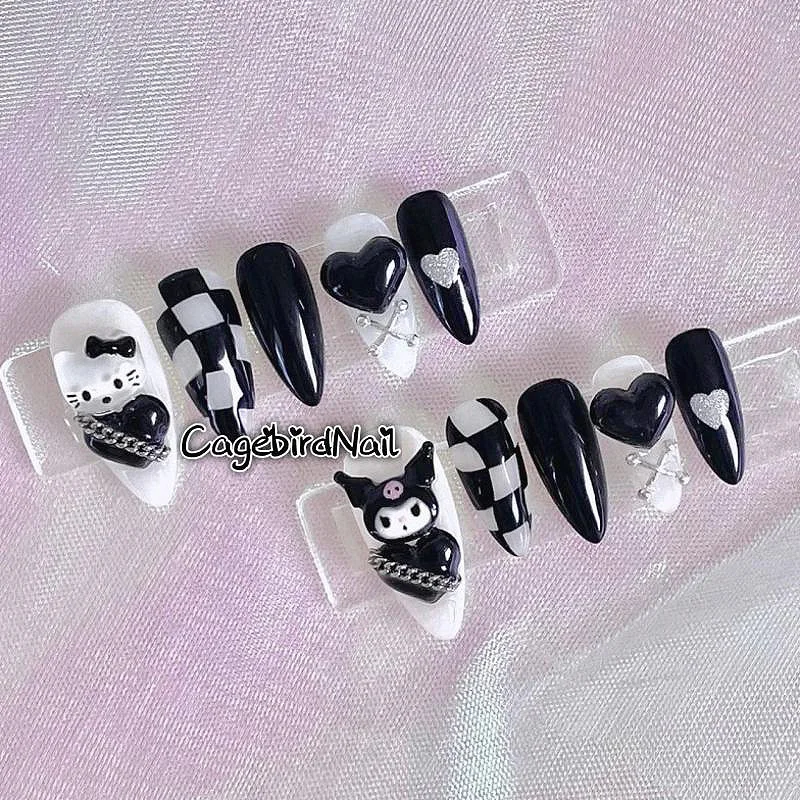 

Diy Sanrioed Kuromi Hello Kitty black and white Three-Dimensional Decoration Manual Spice Girls Can Wear Fake Nail Stickers