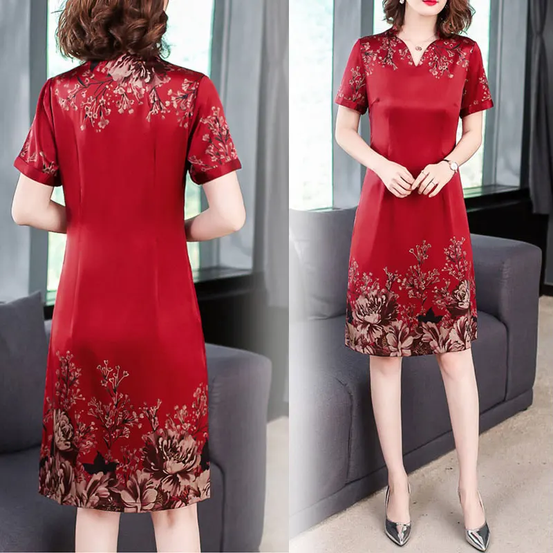 

Summer V Neck Vintage Floral Dress Slim Ladies Silk Elegant Chinese Style Midi Dresses Female Clothes 4XL Office Chic Dress 2022