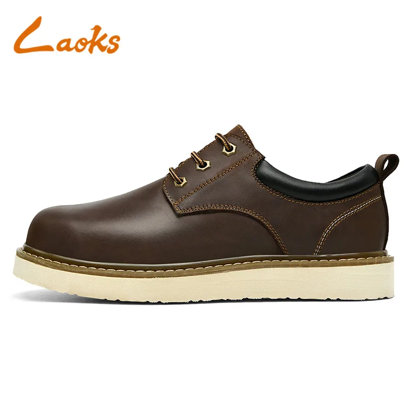 Laoks Short Boots Men's Flat Casual Shoes Cow Leather Lace Up Round Toe Shock Absorbing Men's Tooling Shoes Handmade 38-44 L052