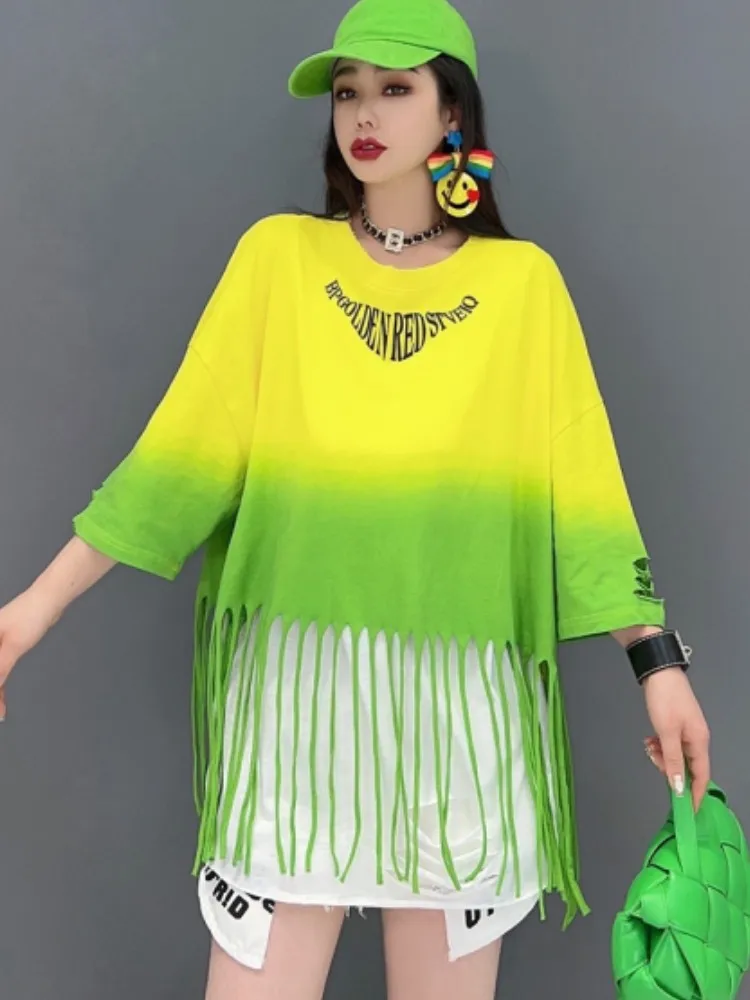 

URIOR 2023 Summer New Fashion Tie Dye Design Green T-shirt Casual Splice Tassel Loose Leisure Women Top